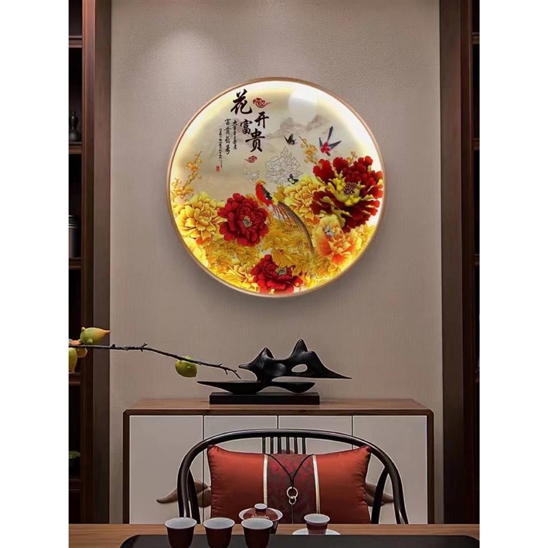 花鸟牡丹圆形灯画k餐厅卧室背景墙挂画中式花卉入户玄关茶室装饰图片