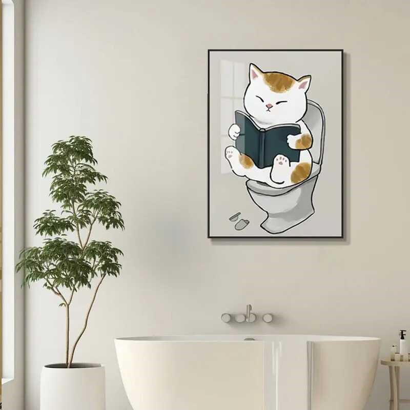 现代简约晶瓷装饰画 创意猫咪浴室洗手间马K桶背景挂画读书猫4060图片