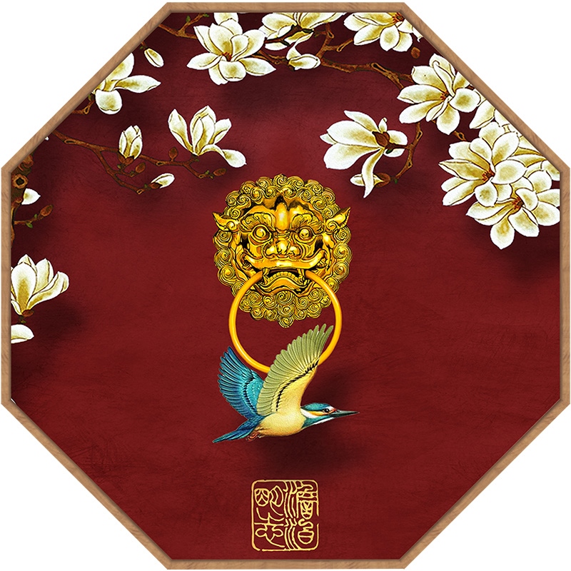 新中式玄关古典卧室装饰画城墙八边形客厅挂M画花鸟中国风餐厅定图片
