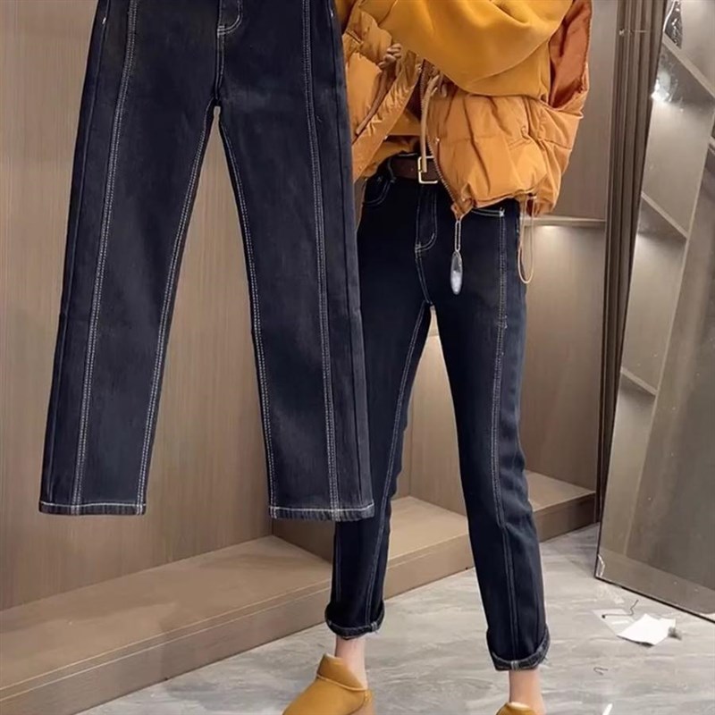 秋冬加绒显瘦大码直筒牛仔裤女梨型身材胖mm遮肉高腰X九分烟管裤
