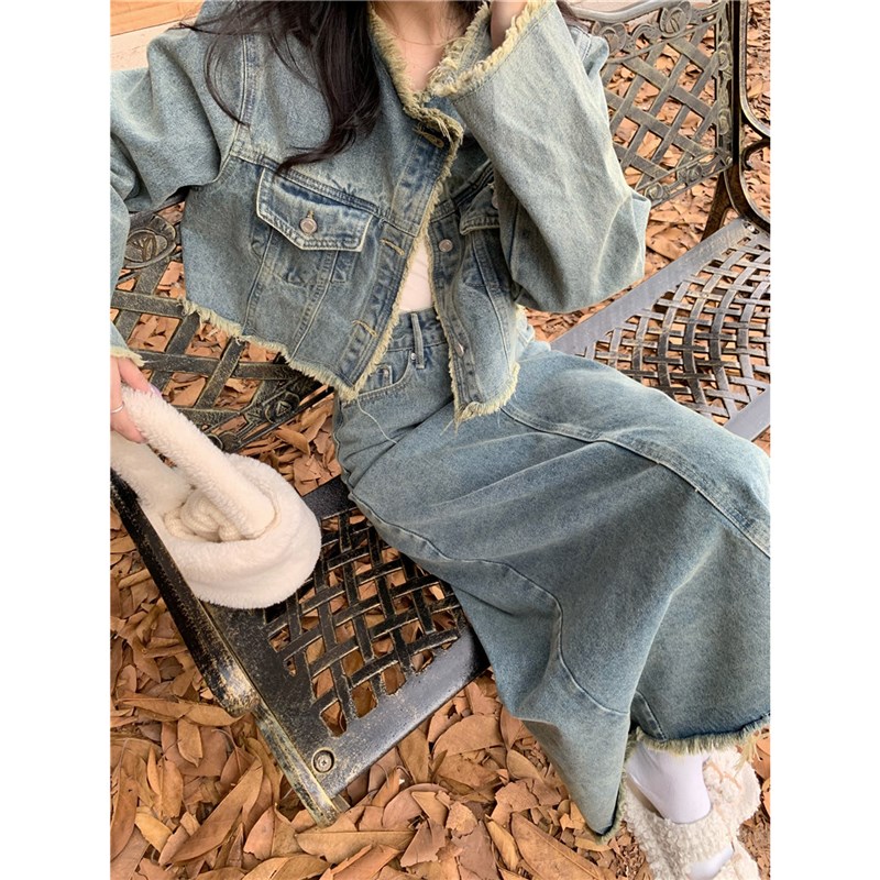 春秋冬冷淡系高级感轻熟风小个子穿搭港味复古牛仔W半身裙套装女