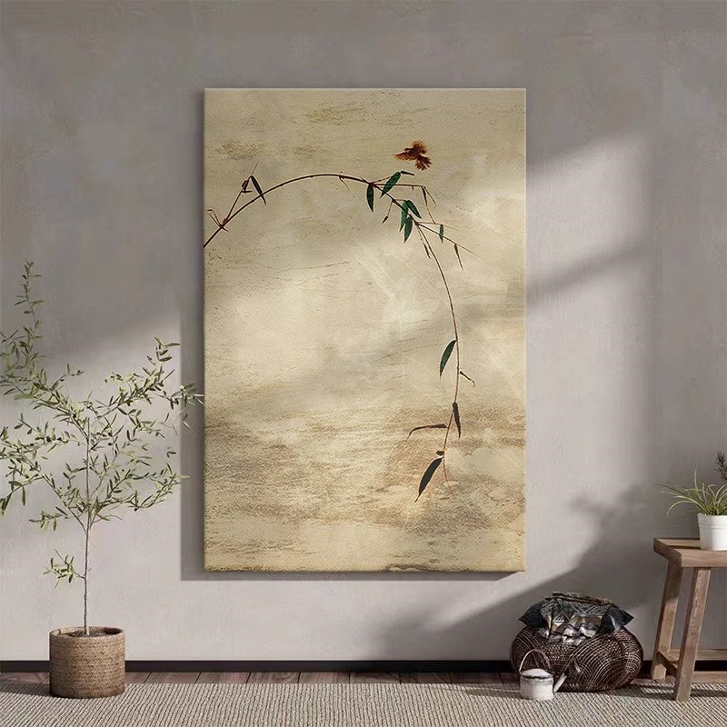 中古风纯手绘油画玄关竹子装饰画客厅禅意丙烯Q画侘寂风肌理画挂图片