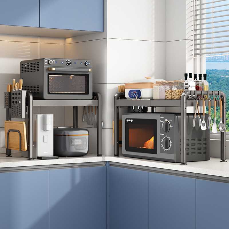 可伸缩厨房置物架微波炉架子家用台面桌面双层电饭锅烤箱收纳支架