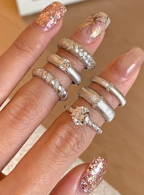 2024新款中古拉丝锆石珍珠戒指女开口素圈百搭叠戴小众情侣对戒