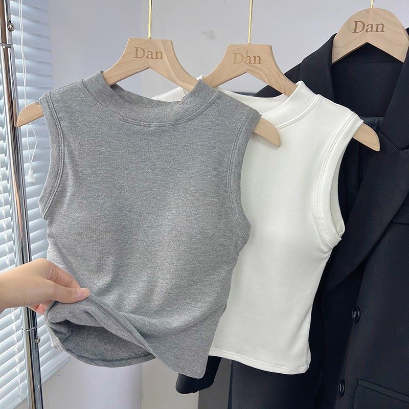 白色半高领吊带背心女内搭秋无袖外穿磨毛保暖短款露脐打底衫上衣