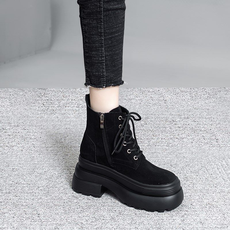 小个子厚底松糕马丁靴女2024秋冬季新款真皮复古粗跟增高百搭短靴,女鞋,马丁靴,淘宝优惠券,粉丝福利购,淘宝优惠卷