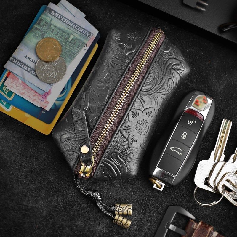 手工牛皮汽车钥匙包个性抽拉式钥匙包大容量多功能真皮拉链零钱包