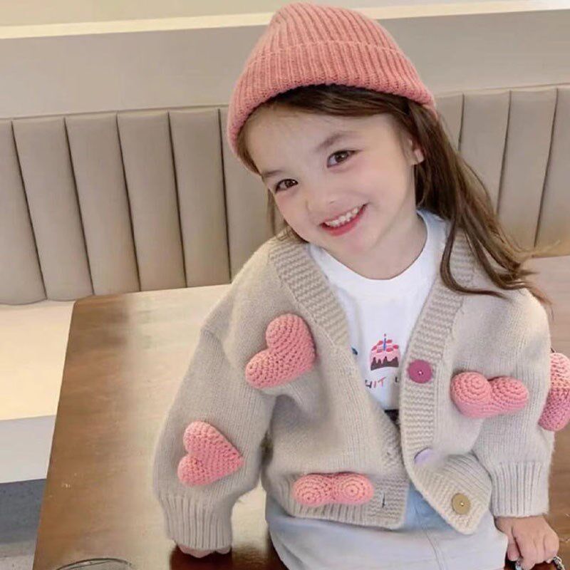 女童毛衣秋冬2024新款女宝宝心形可爱外套韩版针织衫洋气儿童开衫