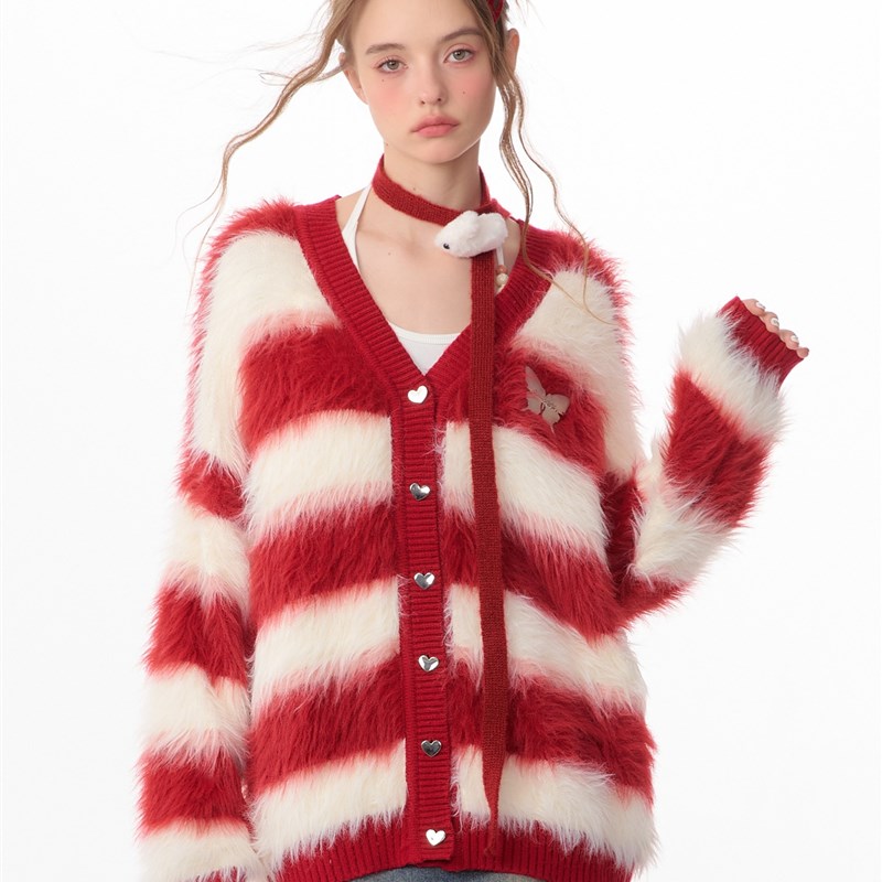 ziziFei秋冬季软糯厚实红色新年战袍圣诞条纹针织毛衣开衫外套女