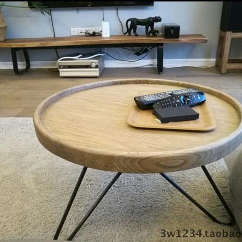 美式乡村创意圆形铁艺实木茶几简约复古沙发边几休闲小.户型小桌