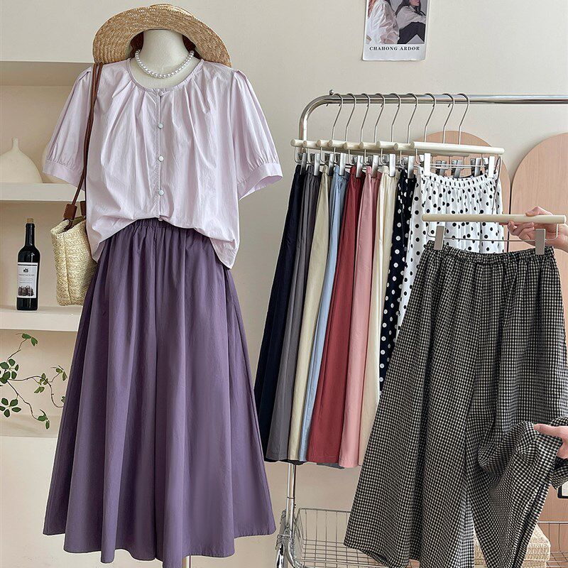 日韩系慵懒风松紧腰冰丝棉阔腿裙裤女夏复古大摆松弛感宽松休闲裤