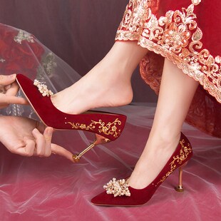 婚鞋秋冬女新娘鞋不累脚结婚鞋禾秀婚纱两穿红色高跟鞋小众高级感