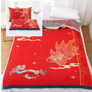 2024新春款红色本命年床单多层纱布百福床盖多S功能可铺盖四季盖
