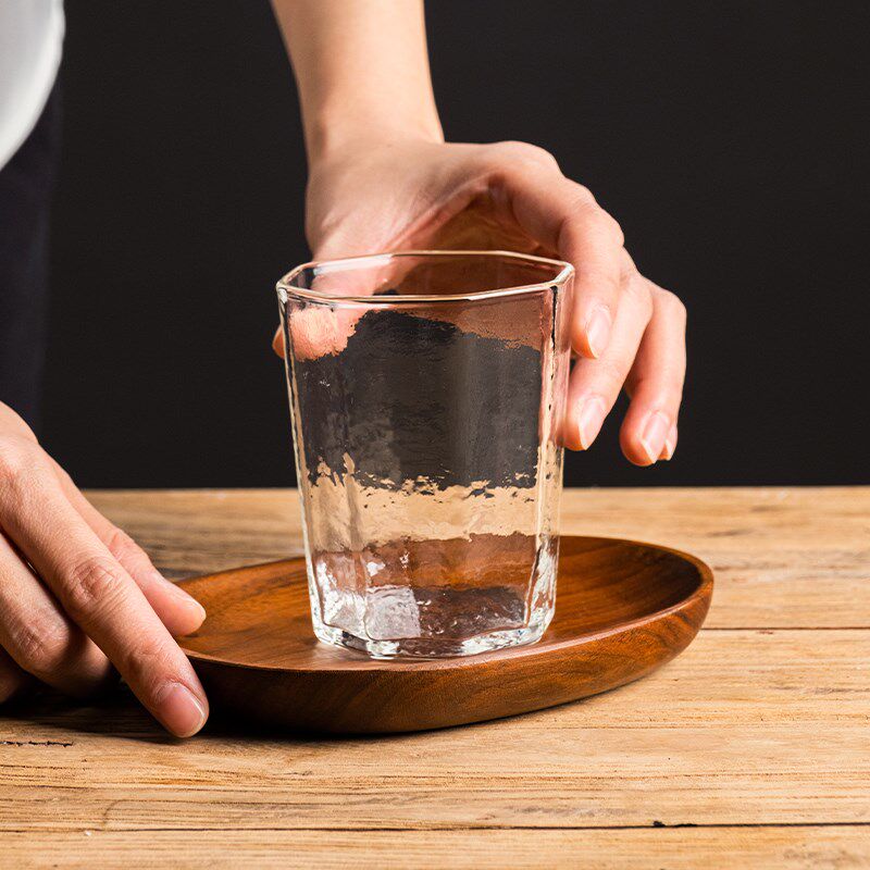 高硼硅玻璃水杯家用冰美式咖啡果汁杯透明八角锤纹手工日式中古杯