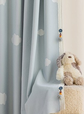 儿童房窗帘女孩男孩卧室飘窗雪尼尔遮光定制蓝色卡通云朵窗纱云梦