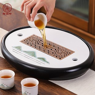 小型干泡茶台简约家用办公会客茶海蓄水托盘 陶瓷茶盘椭圆形储水式
