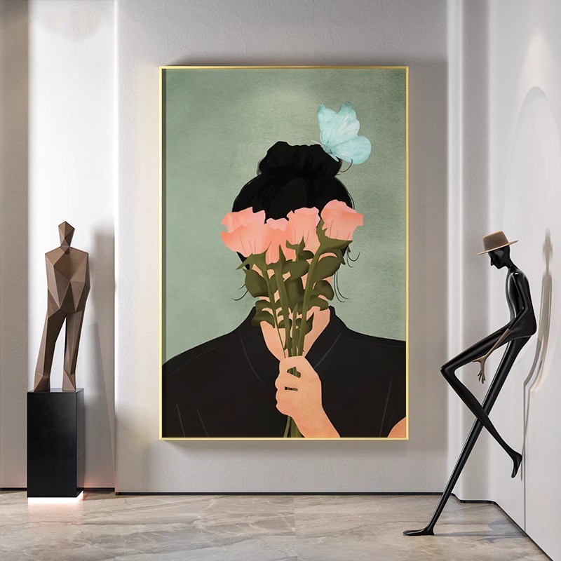 现代简约少女蝴蝶绿植北欧装饰画客厅酒店样板房背景墙壁竖版挂画图片