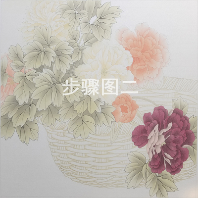 素材手勾上色工笔画白描底稿尺斗方牡丹篮线稿卉线描