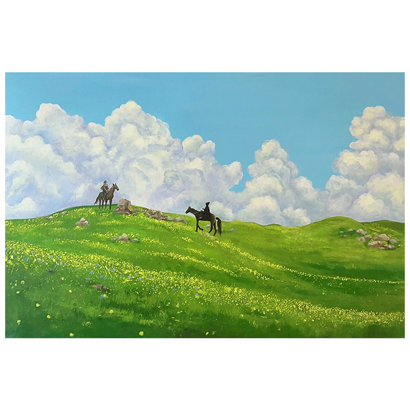 大芬油画村手绘草原风景挂画玄客厅沙发背景墙白云朵横饰画