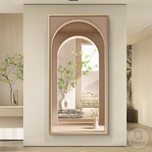 空间延伸感玄关装饰画侘寂风绿植走廊过道挂画竖发光壁灯画