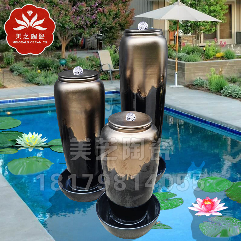 欧式奢华冒水坛子金色陶瓷循环流水大瓶喷泉陶罐鱼缸储水器,家居饰品,花瓶,淘宝优惠券,粉丝福利购,淘宝优惠卷