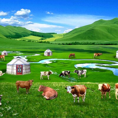 牛群羊群草原牧场蒙古包定制环保晰蓝天白云草原草地延伸壁画