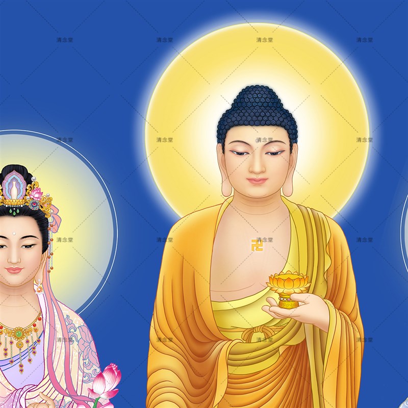 西方三圣画像挂画 高清佛堂绢布佛像画 阿弥陀佛接引图卷轴画