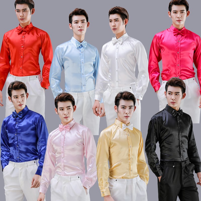 红歌晚会大合唱表演舞蹈服装男士演出服衬衫纯色亮彩光面长袖衬衣