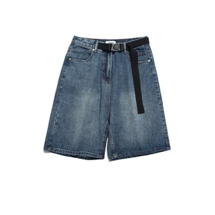 五分裤 潮牌复古纯色腰带做旧水洗直筒牛仔短裤 男街头宽松百搭美式