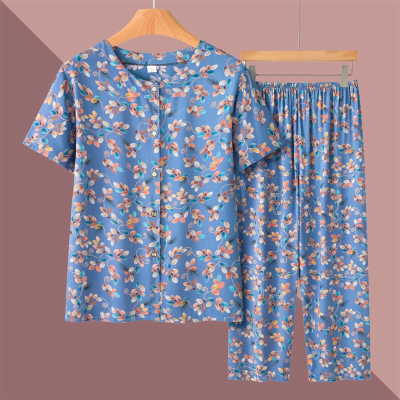 中老年人女夏装棉绸短袖套装妈妈休闲 居家服60岁奶奶装小碎
