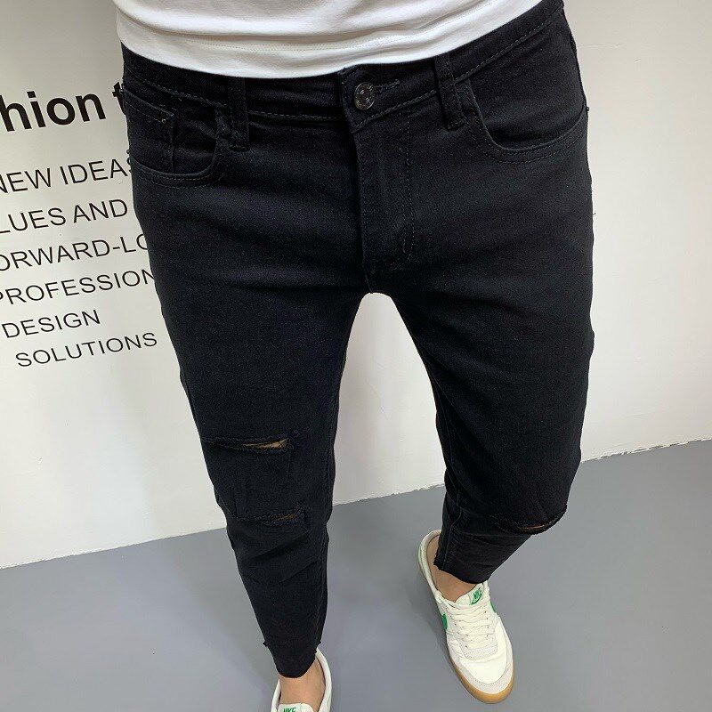 男士九分牛仔裤夏季薄款膝盖破洞纯黑色潮流百搭弹力修身小脚裤子