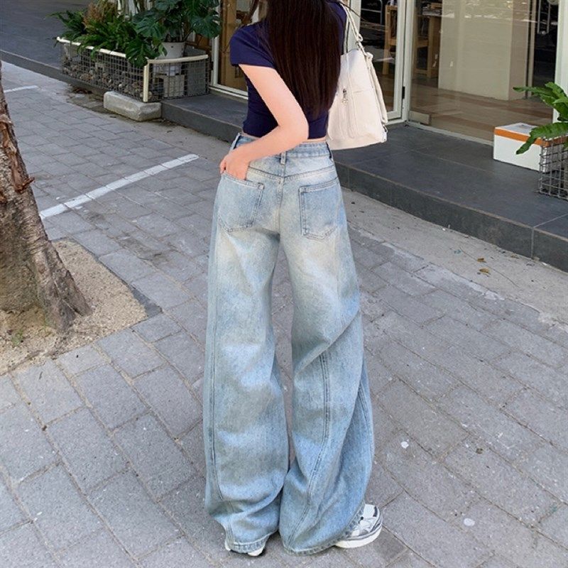 浅色牛仔裤女2025新款设计感显瘦垂感高腰阔腿拖地裤弯刀裤镰刀裤