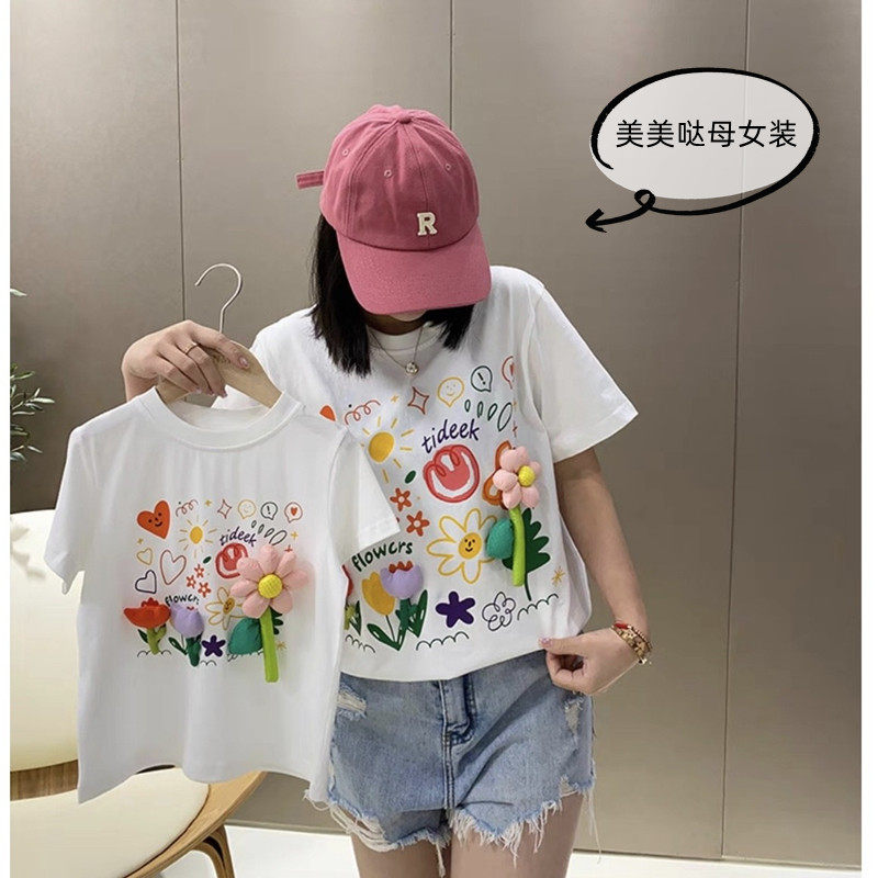 母女亲子装女童纯棉短袖T恤2023新款韩版洋气立体花朵宽松潮上衣