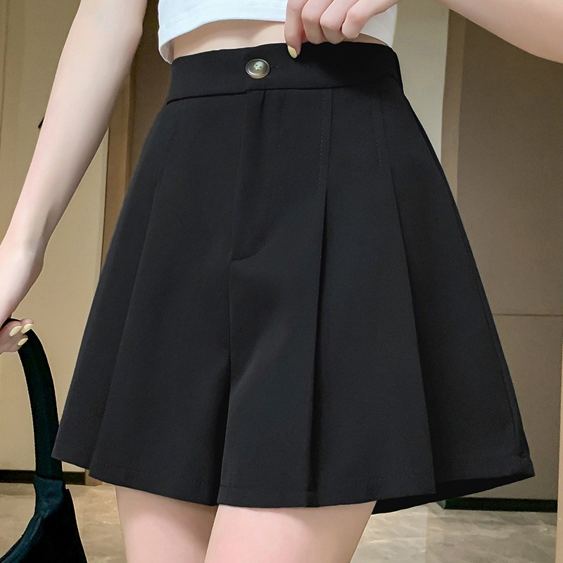 黑色西装短裤女2022夏季新款薄款百褶a字阔腿裤宽松高腰休闲中裤