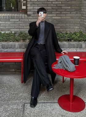 秋冬毛呢大衣男中长款宽松单排扣冬季加厚呢子外套男款风衣英伦风