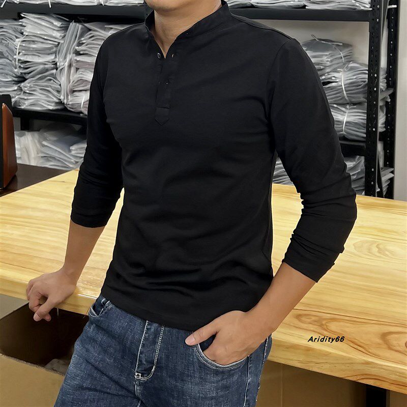 秋冬季修身型男长袖立领纽扣开门襟筒硬汉纯色弹性内搭打底衫T恤