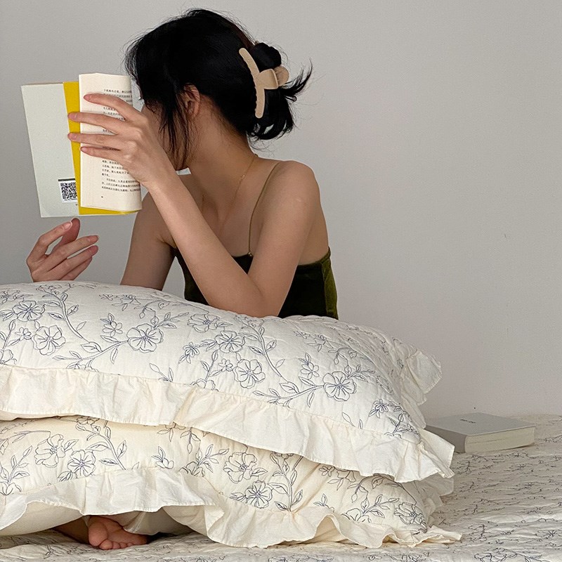 法式复古风纯棉枕套夹棉密道绗缝全棉荷叶花边枕皮74*48cm枕头套