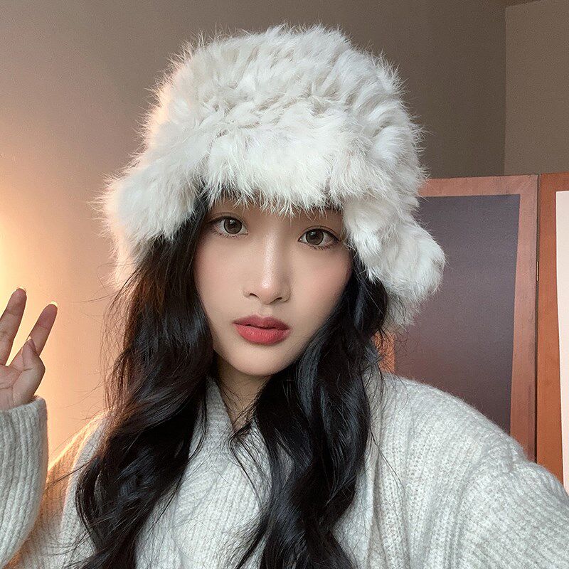 真兔毛白色毛绒帽子女秋冬季保暖显脸小护耳皮草防寒帽针织渔夫帽