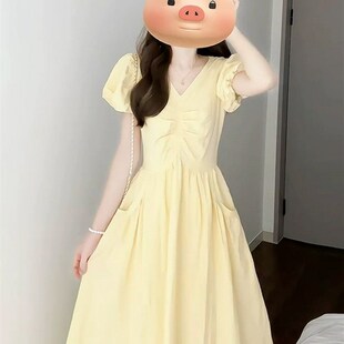 黄色巨好看的掐腰连衣裙子夏季2025新款女小个子独特漂亮绝美长裙