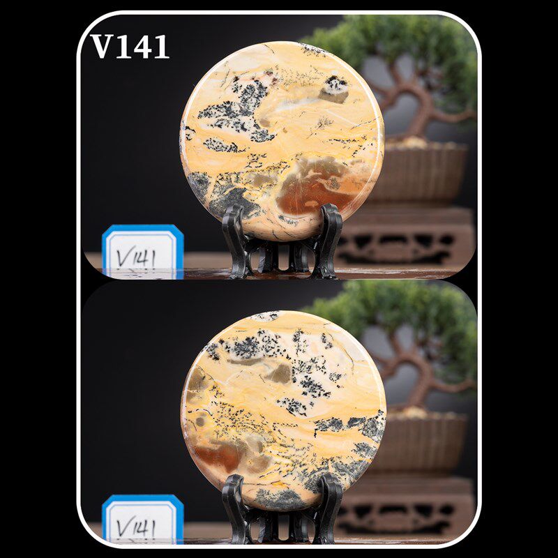 广西草花石国画石奇石直径6cm上漆正圆片茶杯垫小薄片V136-162