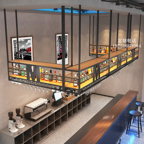 吧台酒柜吊架置物架装饰创意工业风酒柜红酒架悬挂铁艺吊柜酒杯架