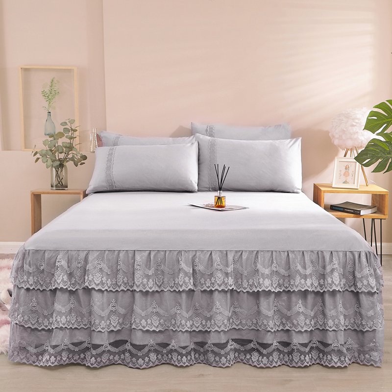 纯色床裙韩式花边蕾丝床罩床垫保护套公主风另配枕套成三件套1.8m