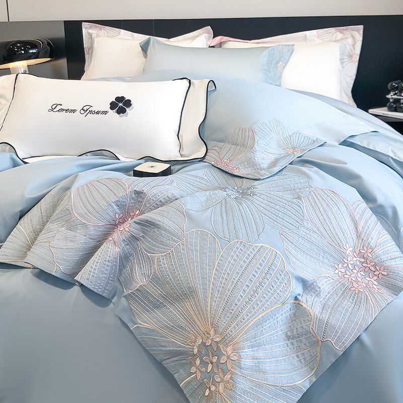 美式160支长绒棉四件套全棉纯棉刺绣被套高级感床单床笠床上用品4
