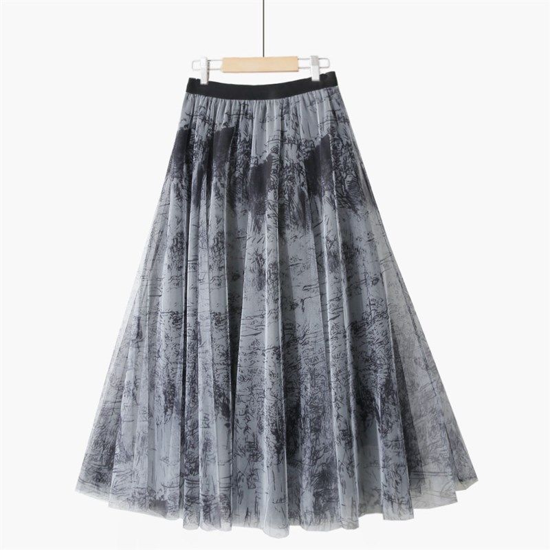 春新款大码松紧高腰显瘦a字大摆裙拼接网纱水墨华晕染中长半身裙