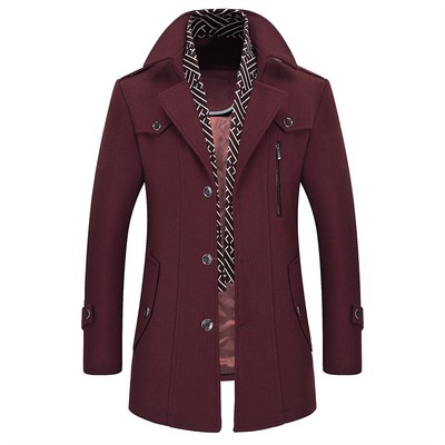 冬季新款中年男士羊毛呢大衣围巾领中长款呢子商务羊绒外套修身男