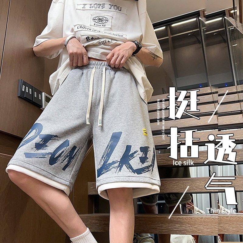 纯棉初中生运动短裤男潮流宽松青少年中裤男大童高中学生五分裤子