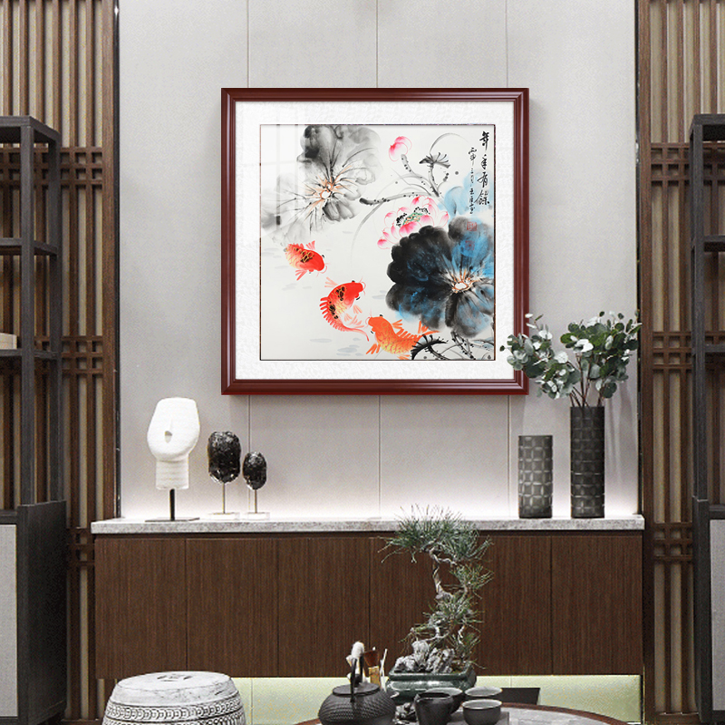 连年有余手绘花鸟画客厅沙发背景墙挂画餐厅卧室床头玄关装饰画框