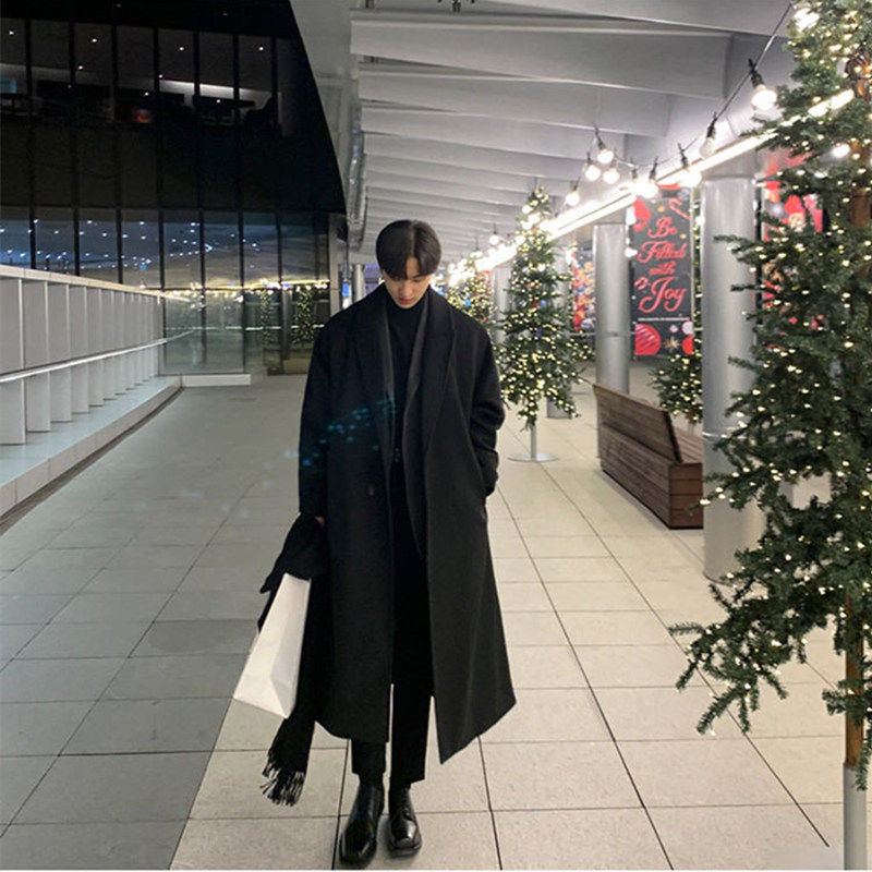 毛呢大衣男灰色秋冬季中长款加厚宽松过膝风衣男韩版呢子西装外套