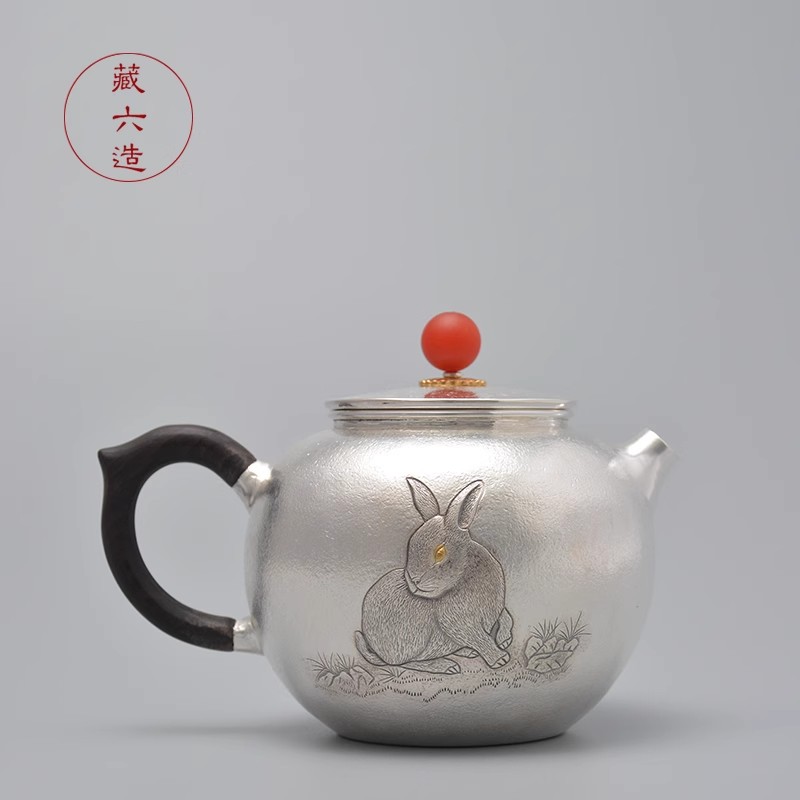银壶 藏六造 玉兔迎春泡茶壶 纯银999纯手工泡茶壶 家用小银壶