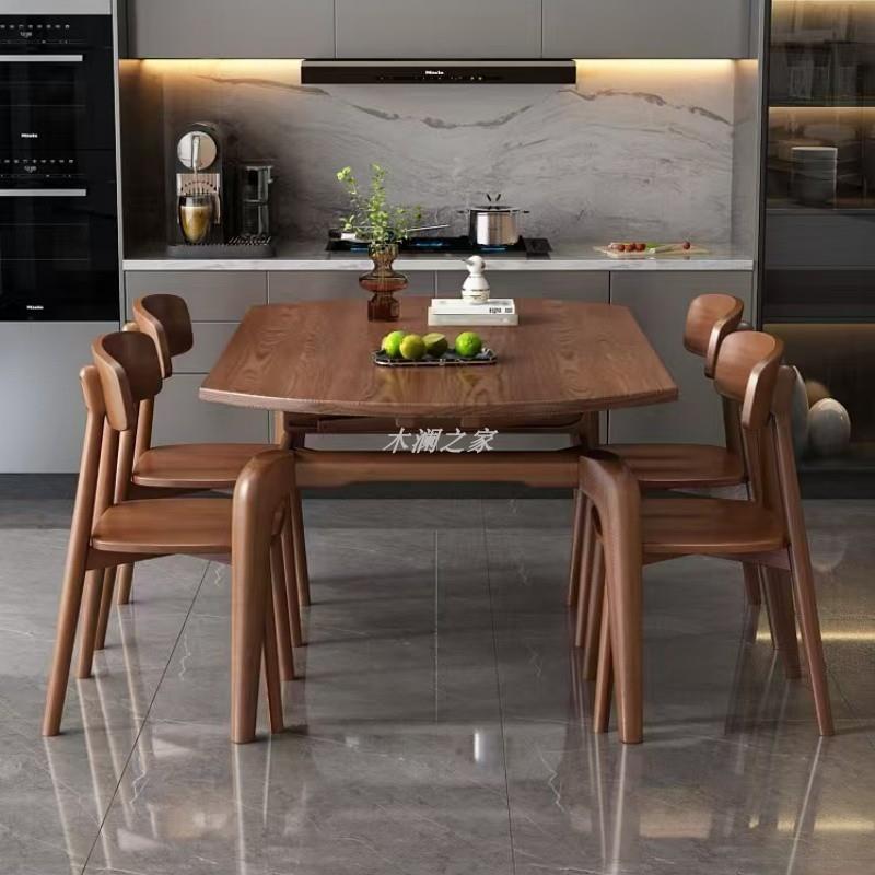 白蜡木餐桌中古风小户型折叠可伸缩圆桌家用胡桃色原木餐桌椅组合